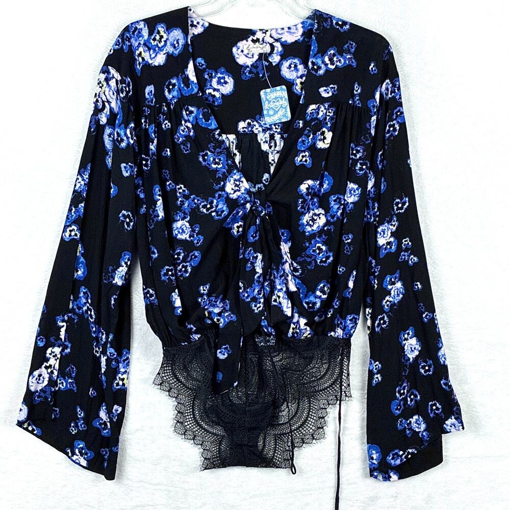 Free People Bodysuit Womens XS Black Blue Floral Forties Feels Bell Sleeve Boho